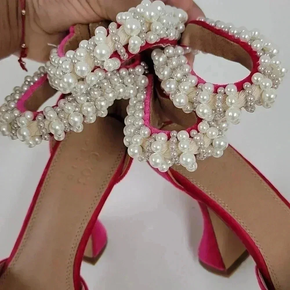 ASOS Hot Pink Velvet Pointed-Toe Heels with Pearl Ankle Straps